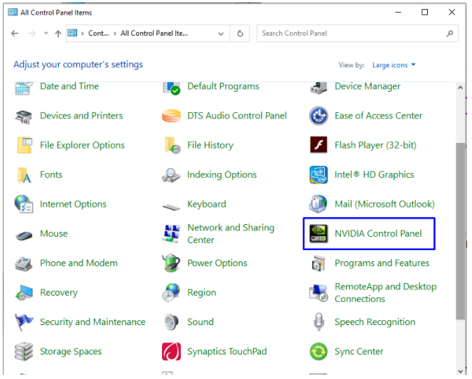 7 Methods To Show NVIDIA Control Panel On Windows 10 100 Highlighting the NVIDIA Control Panel from the Control Panel List