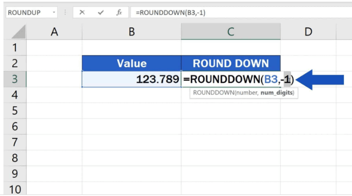 Learn How To Use Excel Round Down Function, the Easy Way! 84 Enter '-1' into the formula to round the number down to the nearest tenth, and here's the result