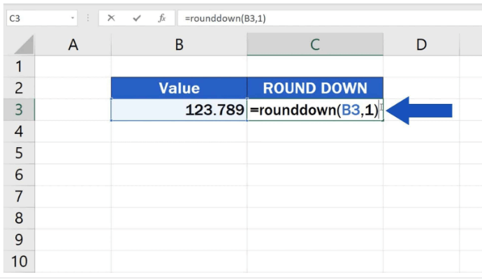 Learn How To Use Excel Round Down Function, the Easy Way! 78 click on B3, then insert a comma before typing in the second value