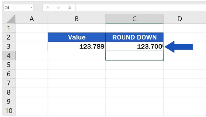 Learn How To Use Excel Round Down Function, the Easy Way! 79 Type '1', close the parenthesis and click 'Enter' to round down to one decimal place