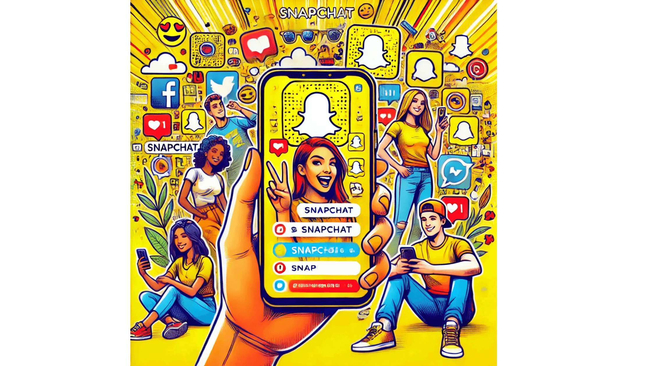 A vibrant Snapchat-themed digital illustration featuring a smartphone screen with an active Snapchat conversation, including stickers and emojis. In the background, a diverse group of young people engage with Snapchat on their phones, sharing Stories and Snaps. The image has a bright yellow color scheme, symbolizing social interaction and engagement without ads.