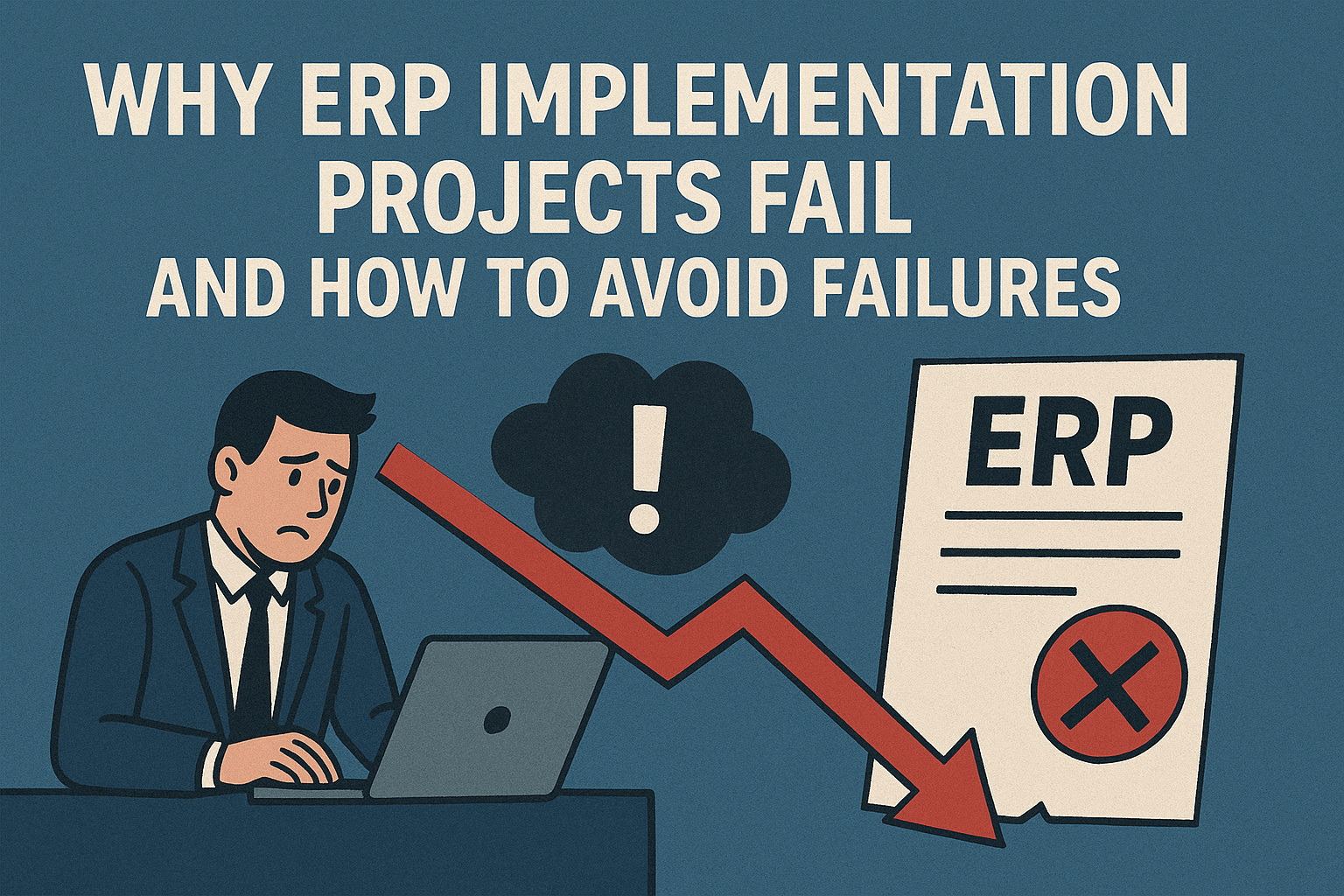 Illustration showing reasons why ERP implementation projects fail with a declining arrow, frustrated business professional, and tips to avoid ERP project failures