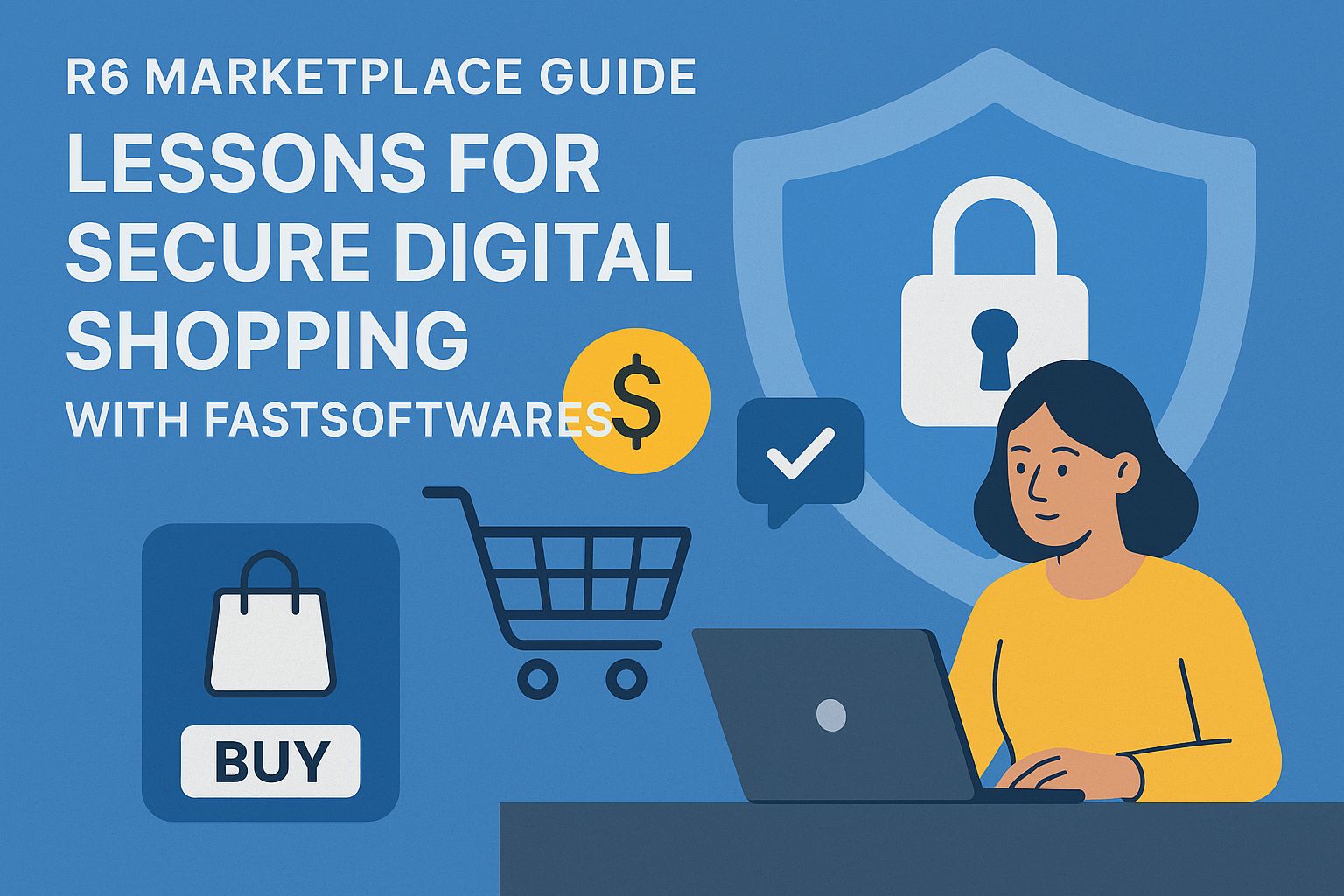 Illustration of secure digital shopping featuring a woman using a laptop with icons of a shopping cart, buy button, dollar sign, and a shield with a padlock, alongside the title 'R6 Marketplace Guide: Lessons for Secure Digital Shopping with FastSoftwares