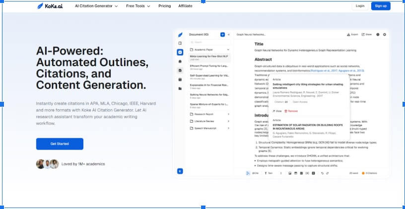 Koke AI website interface showing automated IEEE referencing and citation generation tools designed to help students and researchers improve academic writing efficiency.