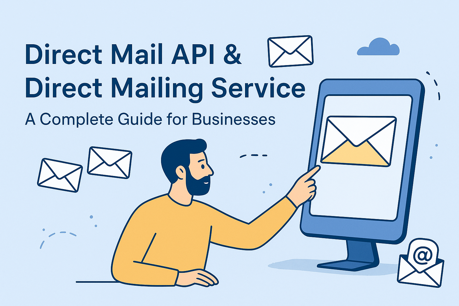 Illustration of a man pointing at a computer screen displaying an envelope, with multiple mail icons around him, representing a guide to Direct Mail API and Direct Mailing Service for businesses