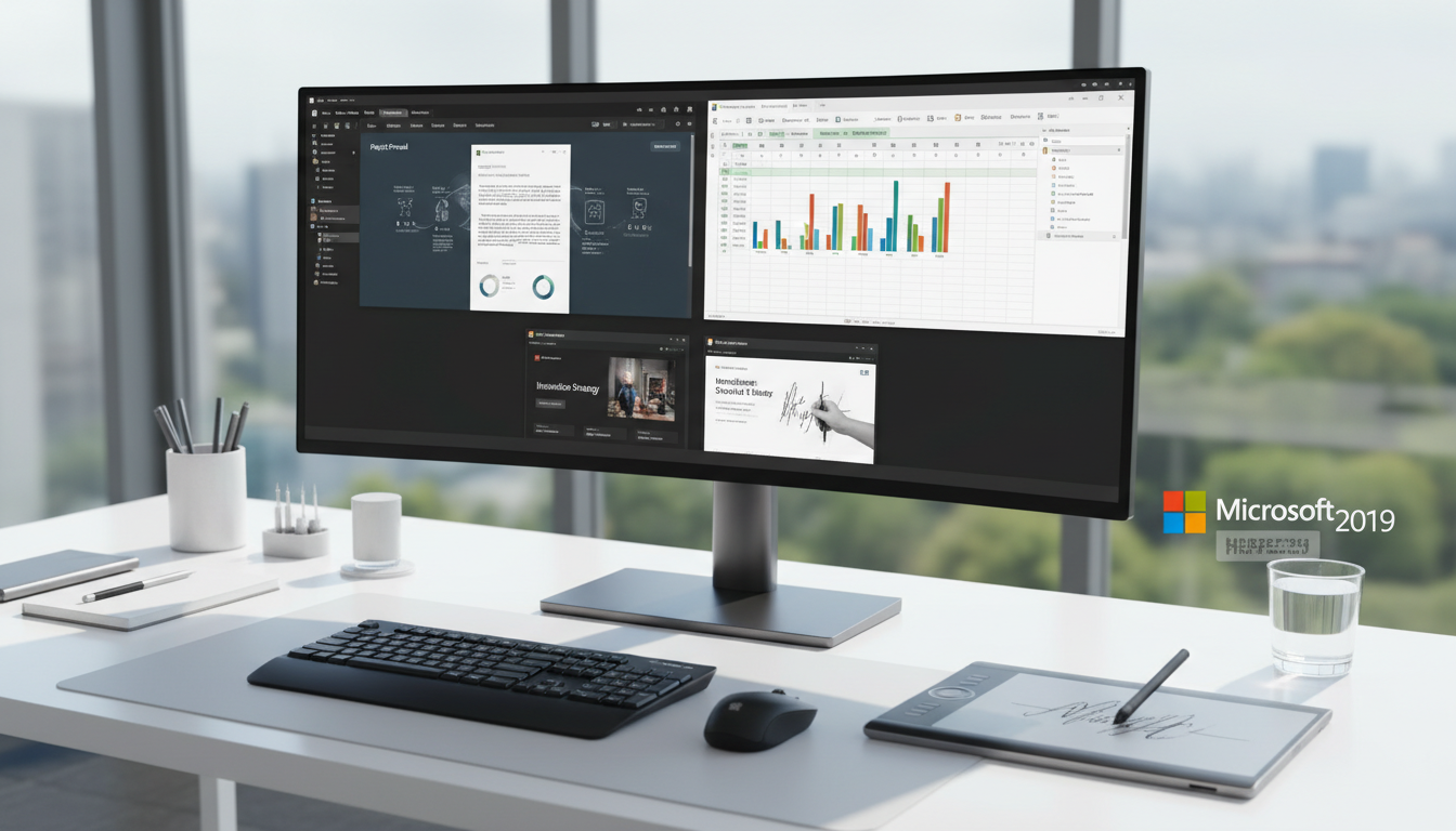 Desktop setup showing Microsoft Office 2019 apps on screen with office tools and digital stylus for inking.