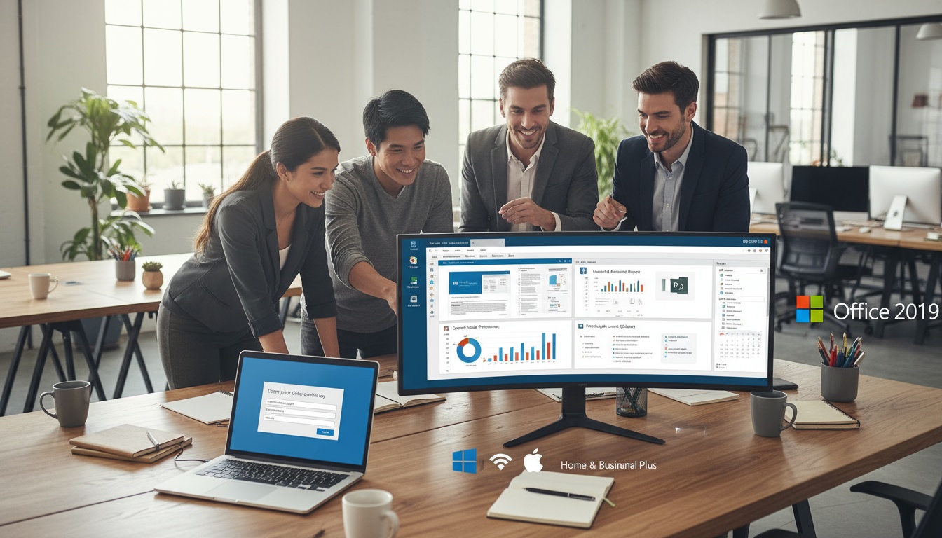 Office workspace showing Microsoft Office 2019 apps on screens with product key activation process and professional teamwork.