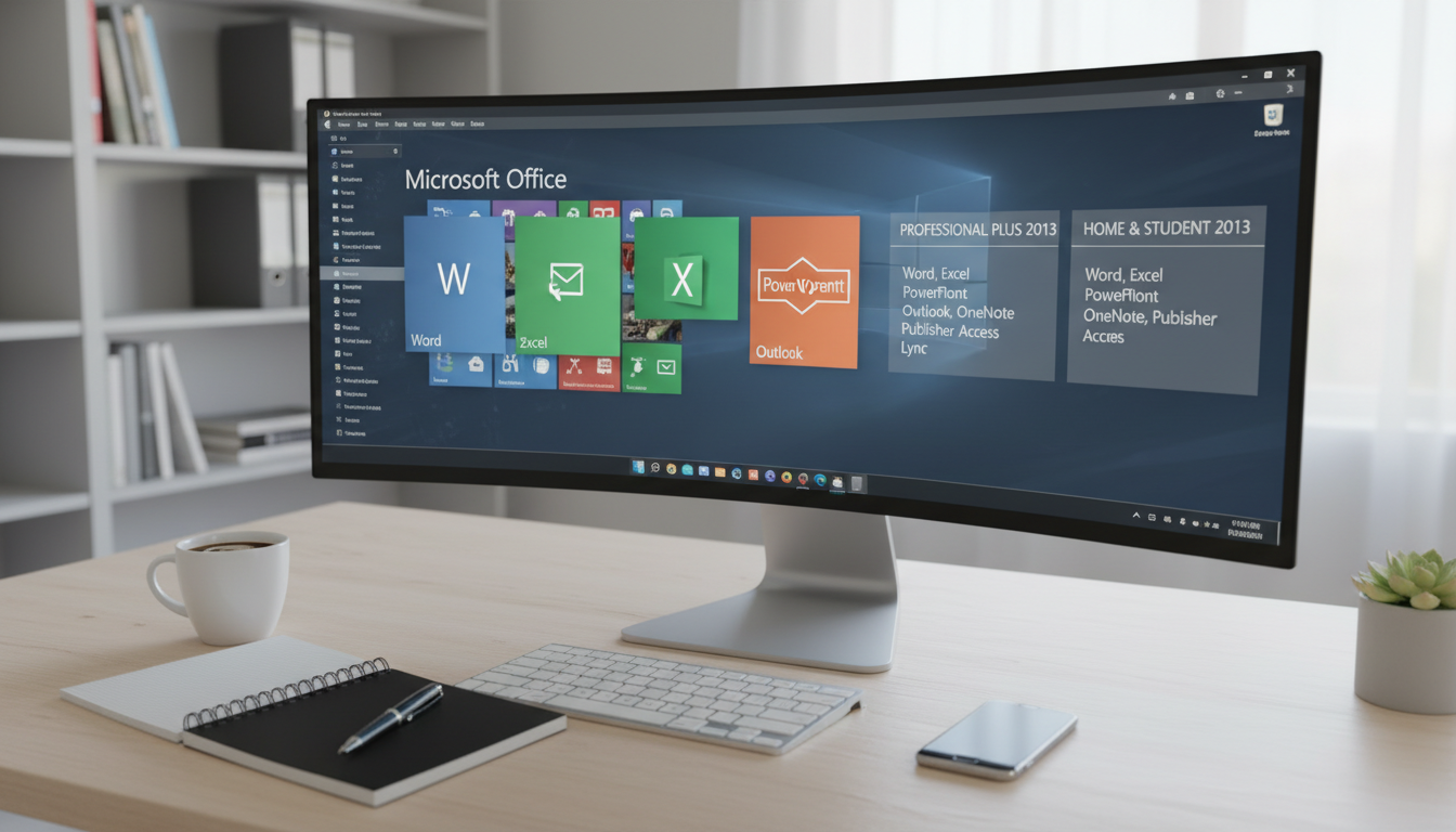 Computer screen showing Microsoft Office 2013 applications with notes and devices around it in a modern workspace