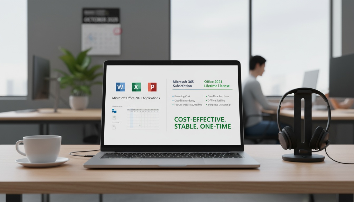Office workspace laptop screen showing Microsoft Office 2021 apps with comparison chart between Microsoft 365 and Office 2021 lifetime license.