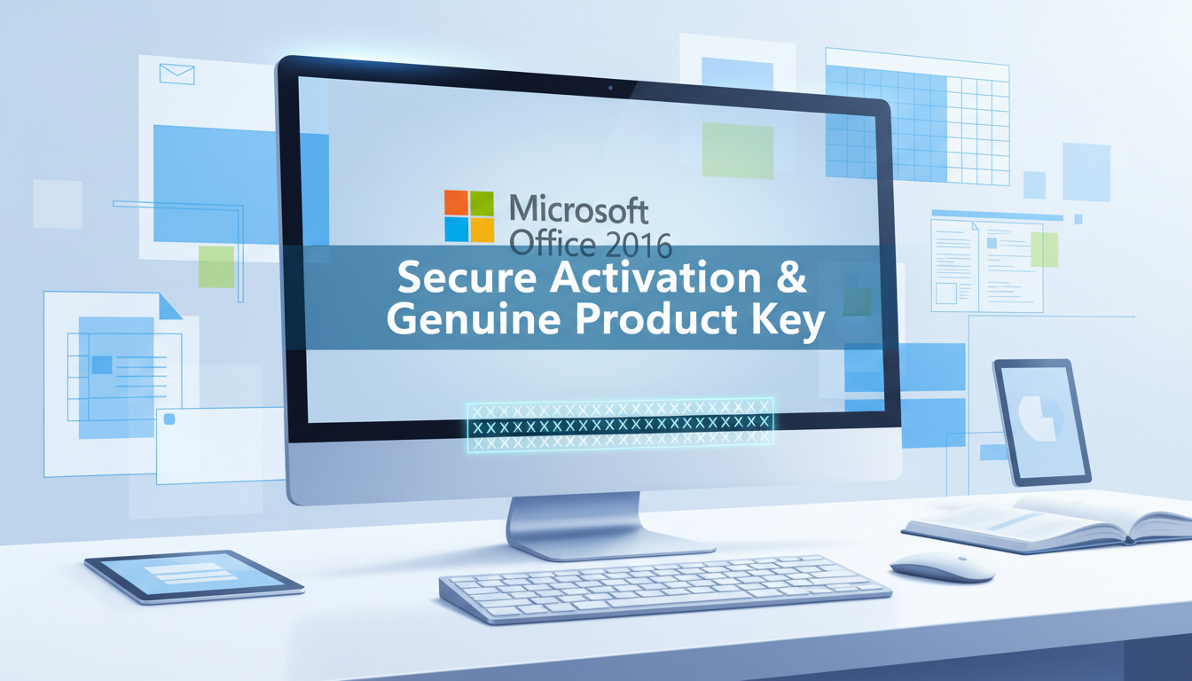 Professional workspace with a computer displaying Microsoft Office 2016 logo and a glowing product key hovering above the keyboard representing secure activation.