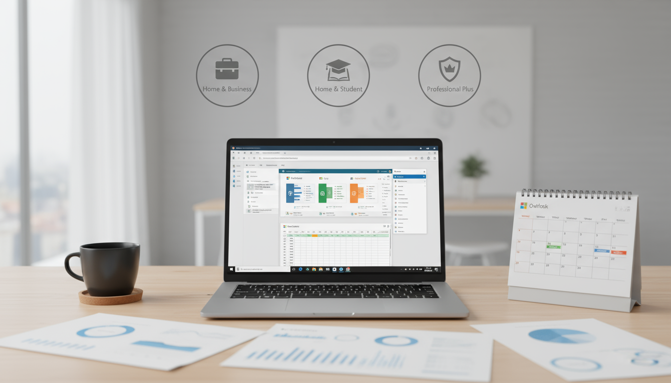 Laptop displaying Microsoft Office 2021 apps surrounded by business documents and a calendar in a clean office workspace.